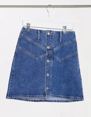 Topshop button front denim mini skirt in mid blue | ASOS (Global)