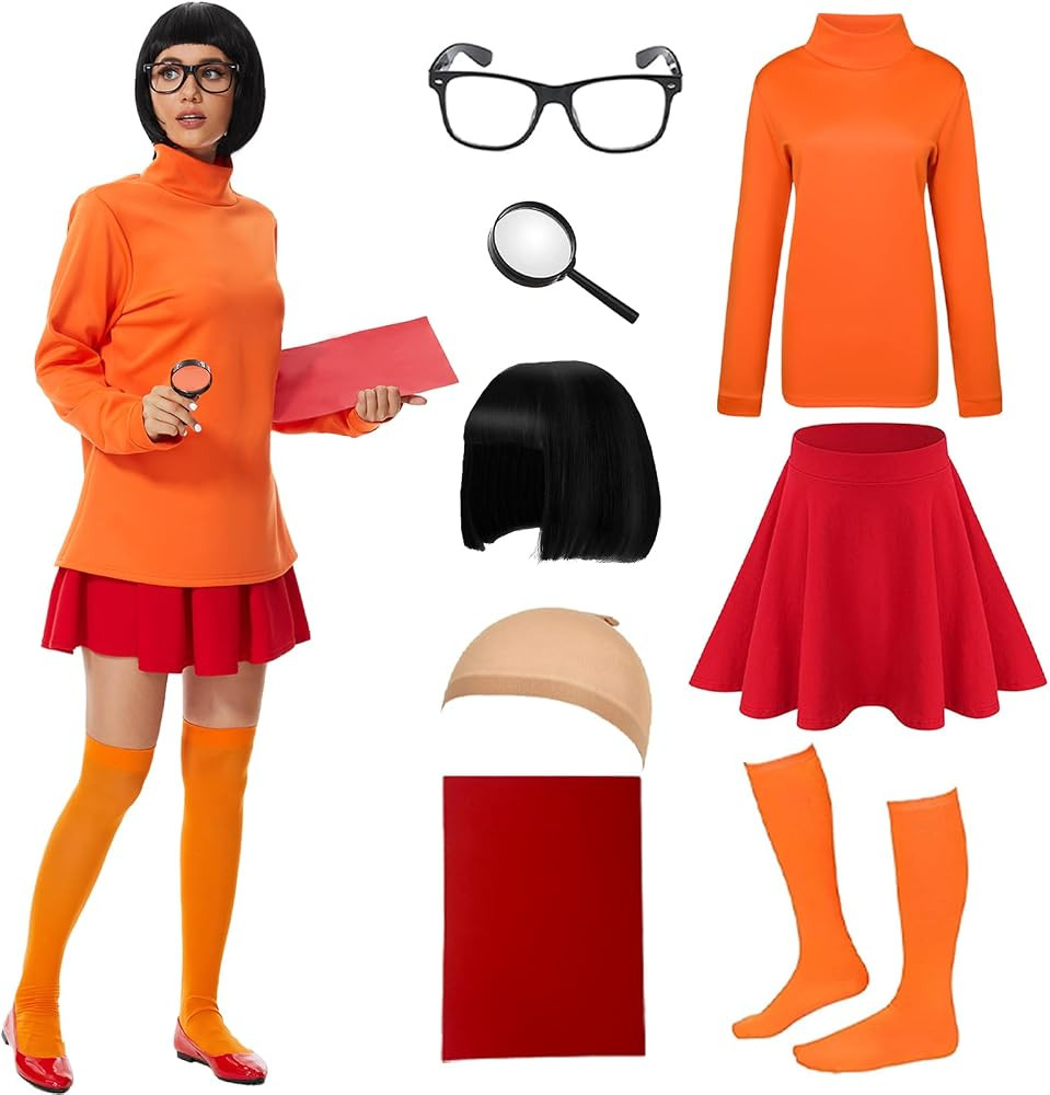 Velma Costume Adult Women Halloween Classic Movie Characters Costume with Bob Wig, Long Sleeve Tu... | Amazon (US)