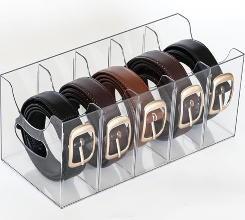 Rusnugic Belt Organizer - Clear Stackable Belt holder for Closet and Drawer Storage - 5 Compartments with Removable Dividers, Multi-Purpose Display Bins With Inserts For Ties, Socks, underwear (1) | Amazon (US)