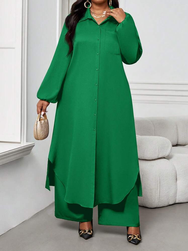 SHEIN Lady Autumn And Winter Casual Elegant Work Navy Blue Woven Shirt Collar Bishop Sleeve Pocket Long Long Sleeve Plus Size Co-Ords | SHEIN