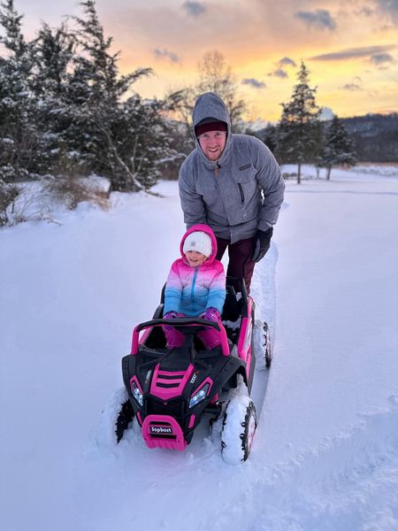 Daddy and daughter snow day. Toddler girl’s snowsuit, men’s snow stuff, and hot pink and black power wheel kids car

#LTKmens #LTKfamily #LTKkids