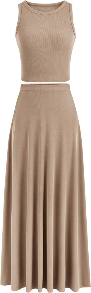 PRETTYGARDEN Women's 2 Piece Maxi Skirt Sets Casual Summer Knit Cropped Tank Top High Waisted Lon... | Amazon (US)