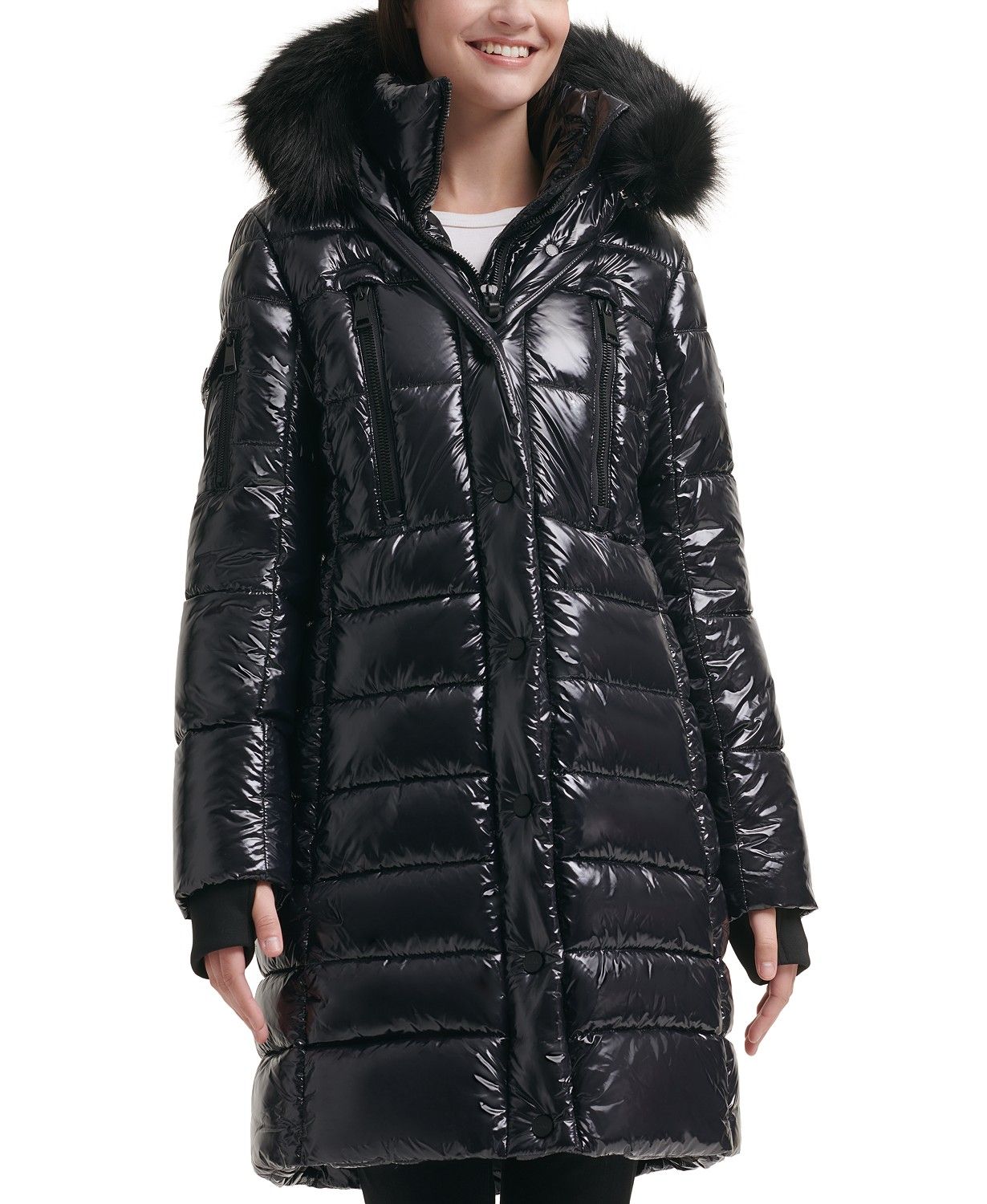 DKNY Women's High-Shine Faux-Fur-Trim Hooded Puffer Coat, Created for Macy's & Reviews - Coats & ... | Macys (US)