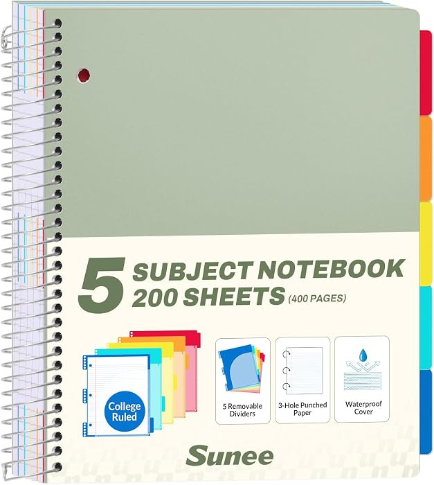 SUNEE 5 Subject Notebook College Ruled - 200 sheets (400 Pages), 9"x11", 5 Pocket Colored Divider... | Amazon (US)