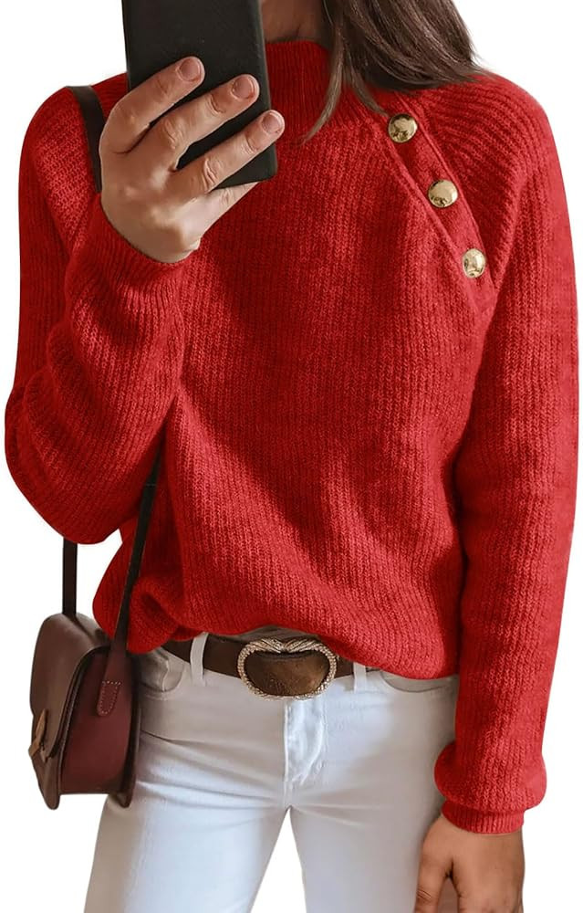 Women's Long Sleeve Ribbed Knit Sweater 2024 Fall Winter Casual Turtleneck Pullover Tops with Met... | Amazon (US)