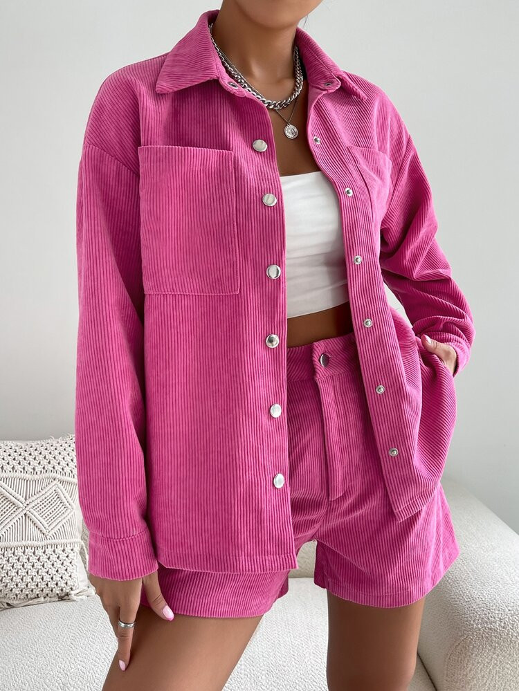 Drop Shoulder Pocket Patched Coat & Shorts | SHEIN