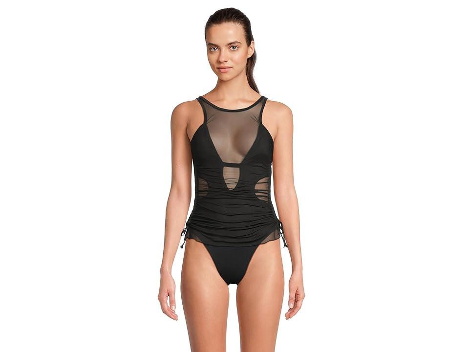 BECCA Muse Macie High Neck Mesh Overlay One Piece Women's Swimsuits One Piece Black : LG, Mesh/Nylon/Polyester | Zappos