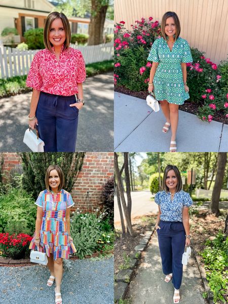 Avara new arrivals 
Use code LAURA15 to save 15% the next 3 days 
Wearing a small in both tops (size down if in between)
Green/blue dress - in a small (size down if in between)
In a medium in multi colored dress but could have used a small 
White denim jacket - I sized up to a large 
Navy pants - true to size (medium)



#LTKsalealert #LTKover40 #LTKstyletip