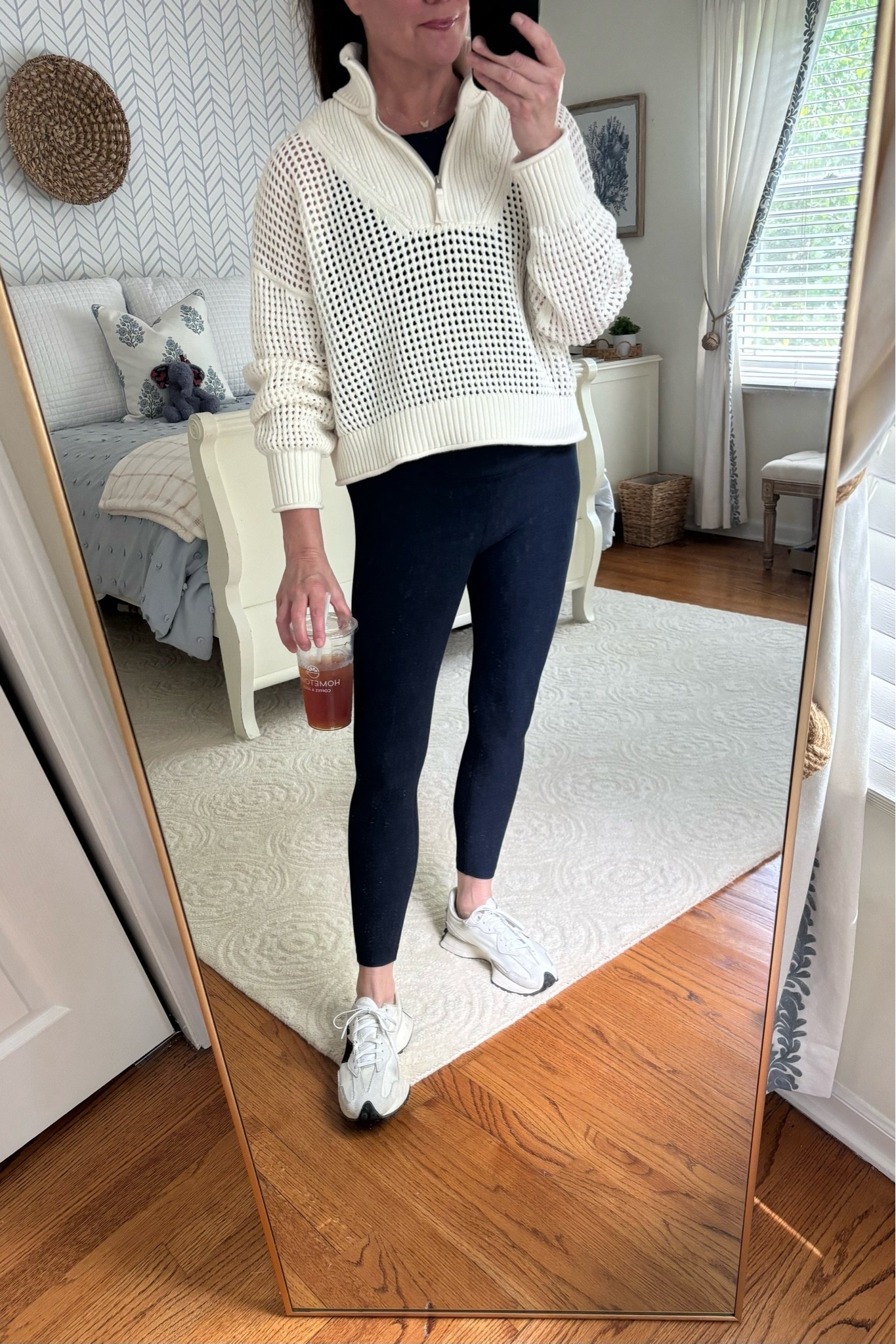 Comfy & pulled together look! Wearing too & bottom set from Beyond Yoga (color Nocturnal Navy) and this open weave knit sweater (on sale now for $33!!)