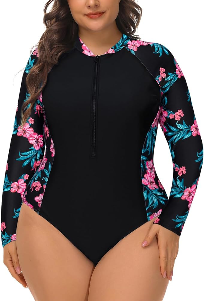 Hanna Nikole Women's Plus Size UPF 50+ Active Rashguard One Piece Long Sleeve Swimsuit Zipper Sur... | Amazon (US)