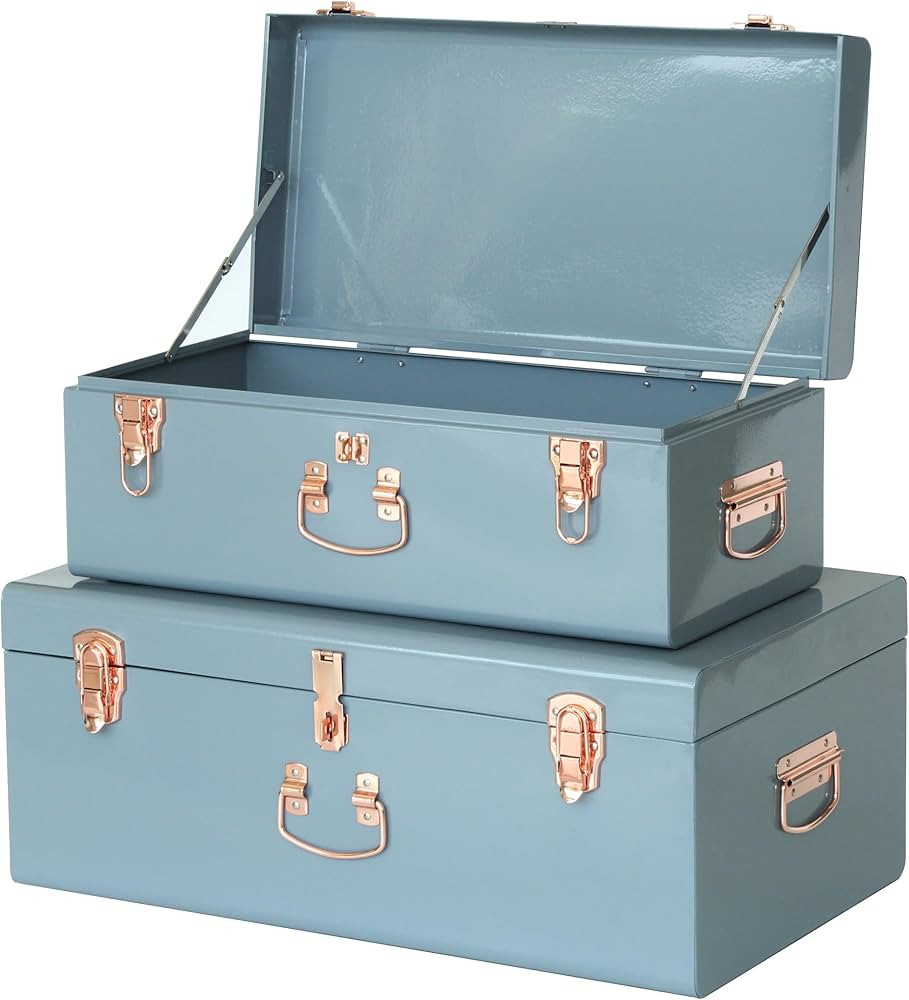 Vixdonos Decorative Large Metal Box Storage Trunk Chest Set of 2 Bedroom Trunk Organizer with Har... | Amazon (US)