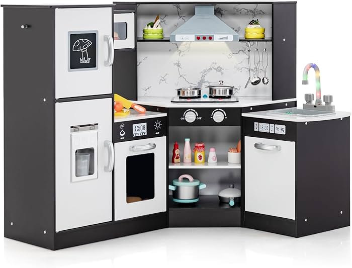 HONEY JOY Corner Play Kitchen, Little Chef Wooden Toy Kitchen Set for Toddler, Range Hood, Sink, ... | Amazon (US)