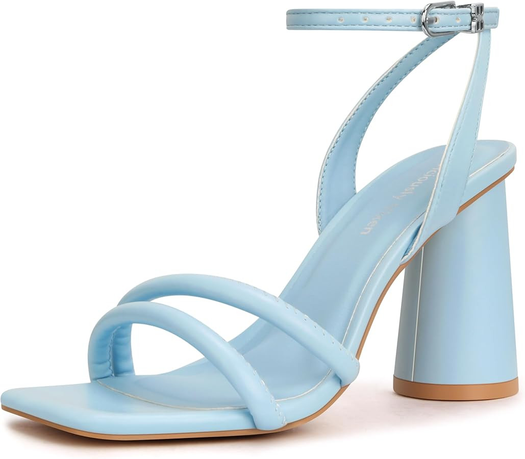 Women's Block High Heels Square Toe Heeled Sandals Ankle Strap Shoes | Amazon (US)