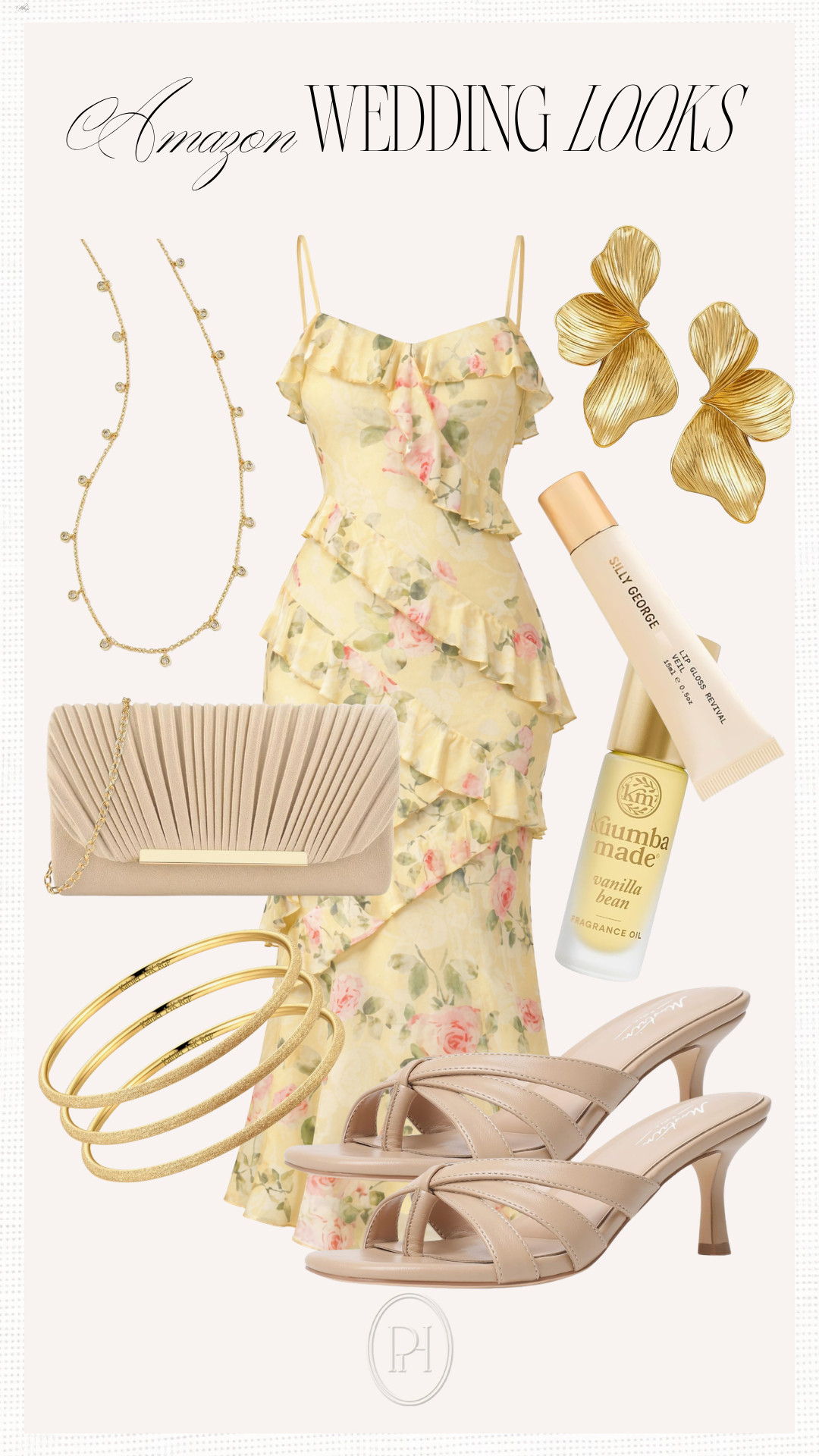 Loving these Amazon pieces for a summer wedding guest look!

wedding guest outfit, wedding guest dress, yellow dress, floral dress, maxi dress, midi dress, ruffled dress, gold earrings, gold bangle bracelets, flower petal earrings, gold necklace, rhinestone necklace, nude sandals, high heeled sandals, tan sandals, neutral clutch, lip balm, lip gloss, roll on perfume, vanilla fragrance, tan handbag, summer wedding style, summer looks, summer outfit, summer fashion 

 #LTKgrwm #LTKootd #LTKWedding