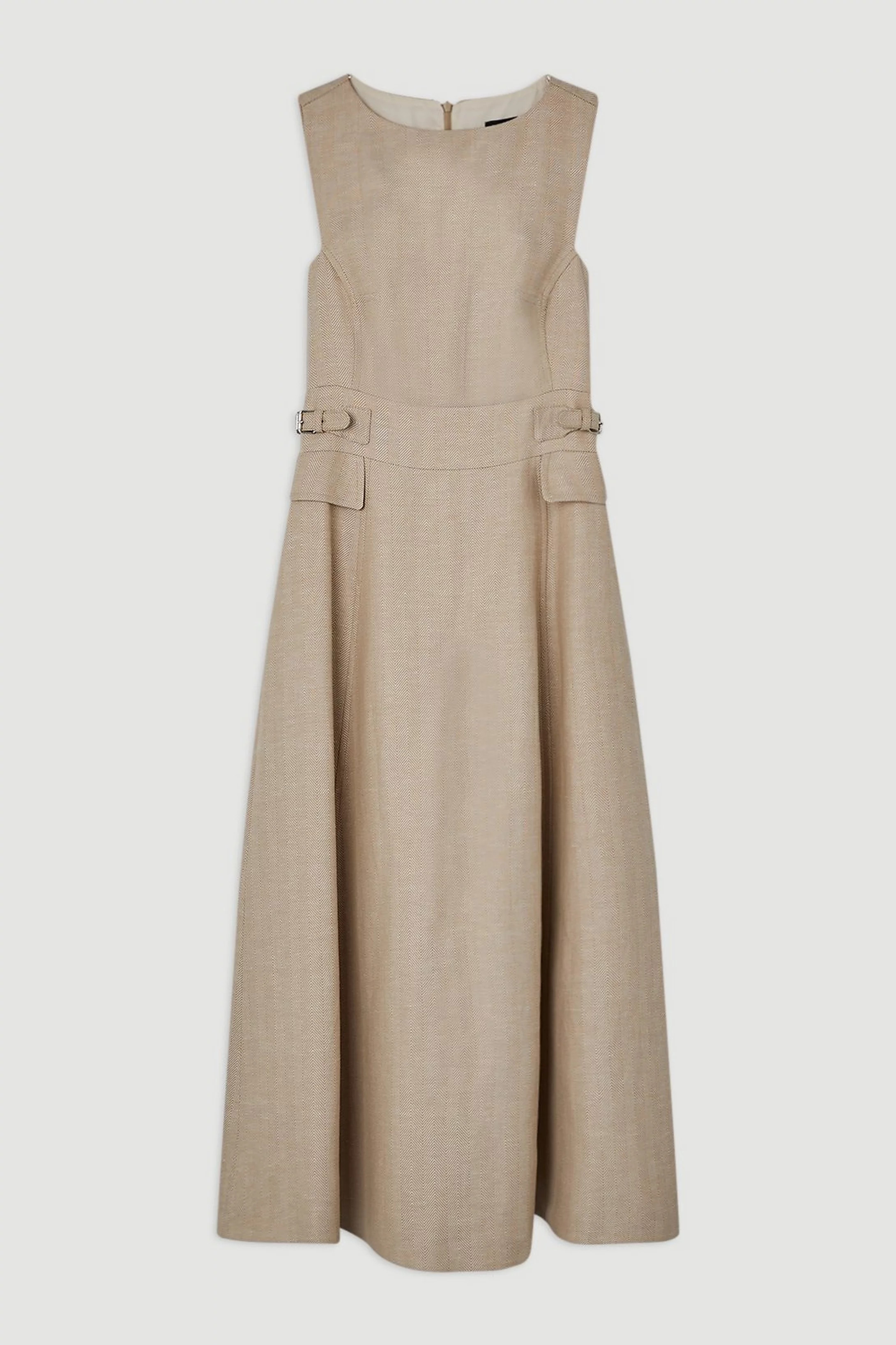 Premium Linen Tab Waist Detail Full Skirt Tailored Midi Dress | Karen Millen US