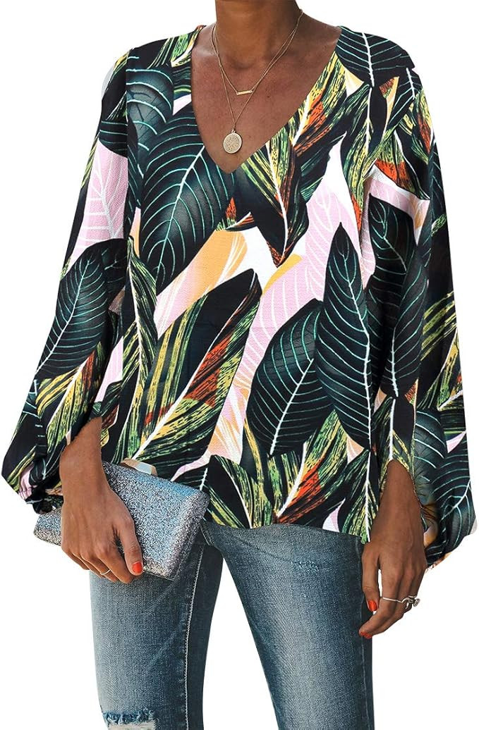 BELONGSCI Women's Casual Sweet & Cute Loose Shirt Balloon Sleeve V-Neck Blouse Top | Amazon (US)