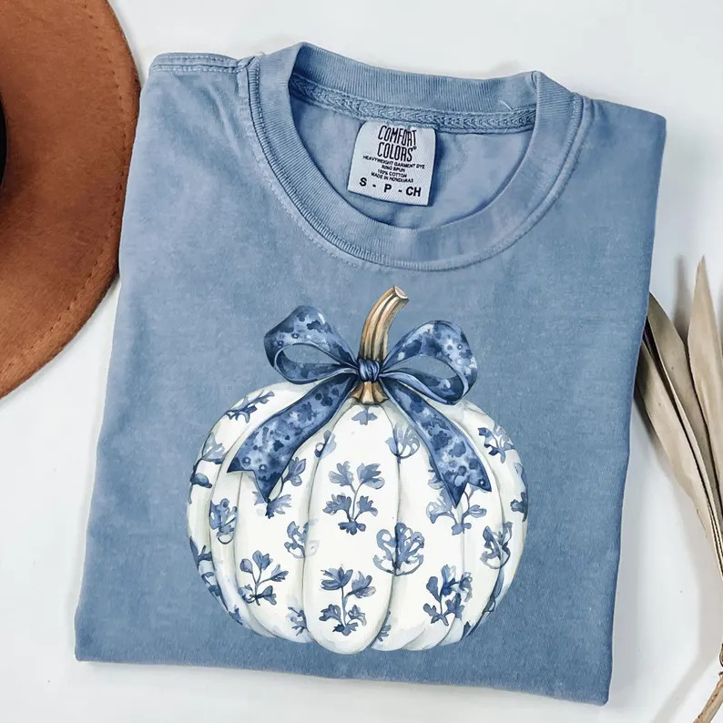 Blue Pumpkin Comfort Colors Shirt, Blue Floral Pumpkin T-shirt, Chinoiserie Pumpkin Season T-shir... | Etsy (US)