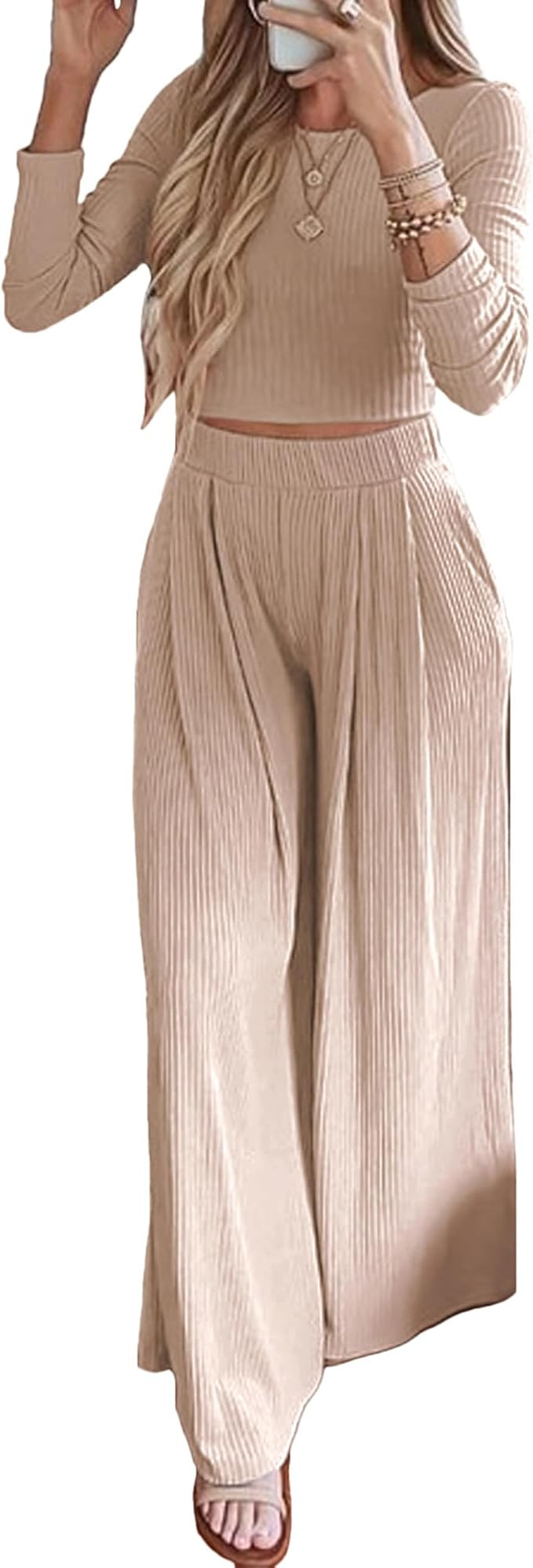 BTFBM Women's Two Piece Lounge Set Long Sleeve Bodycon Ribbed Knit Crop Top Loose Wide Leg Pant C... | Amazon (US)