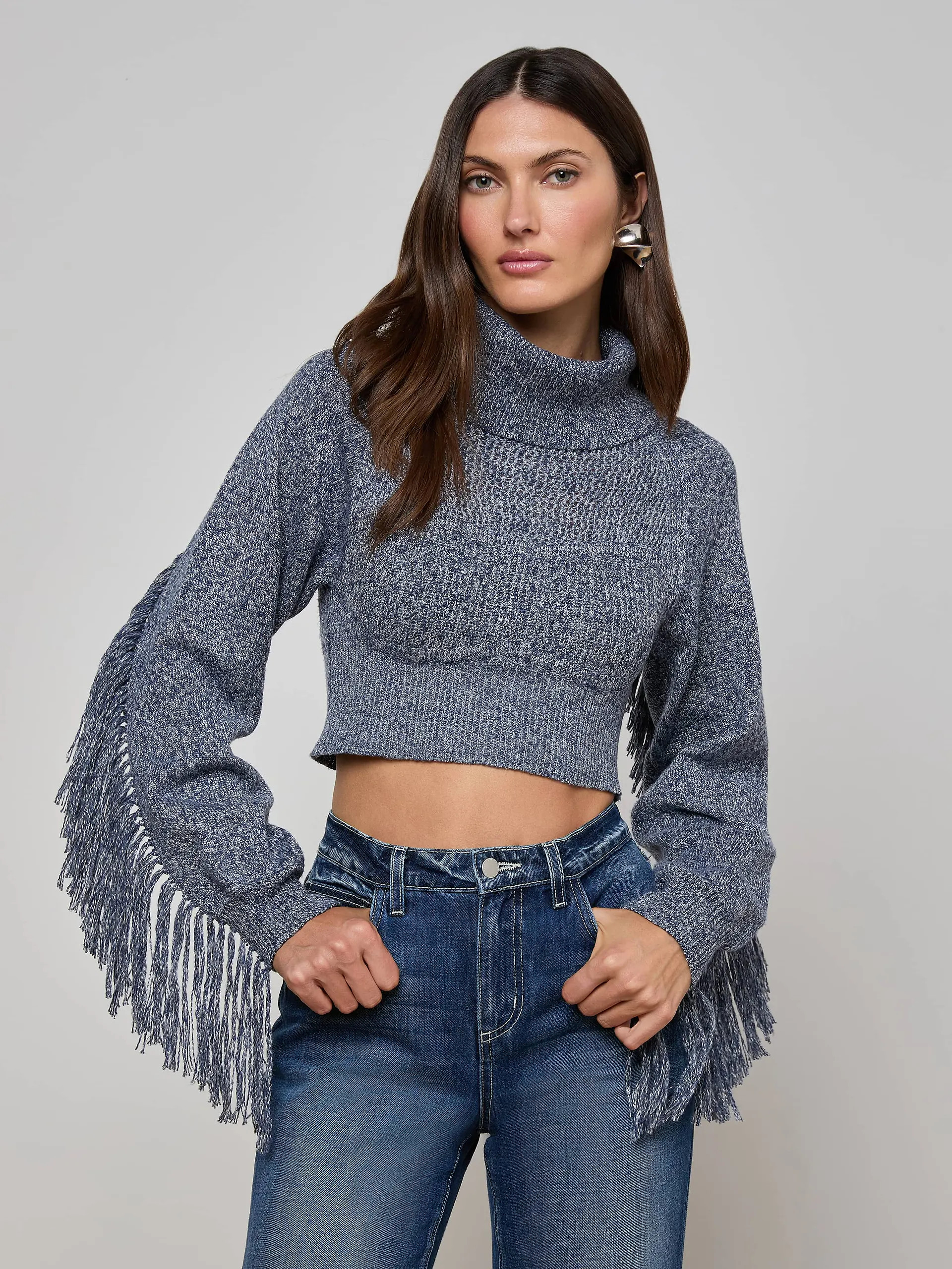 Maddison Fringed Turtleneck in Denim Blue | L'AGENCE | L'Agence