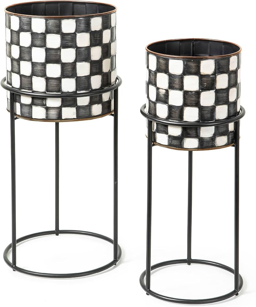 MACKENZIE-CHILDS Set of 2 Check It Out Metal Planters, Black-and-White Garden Planter | Amazon (US)
