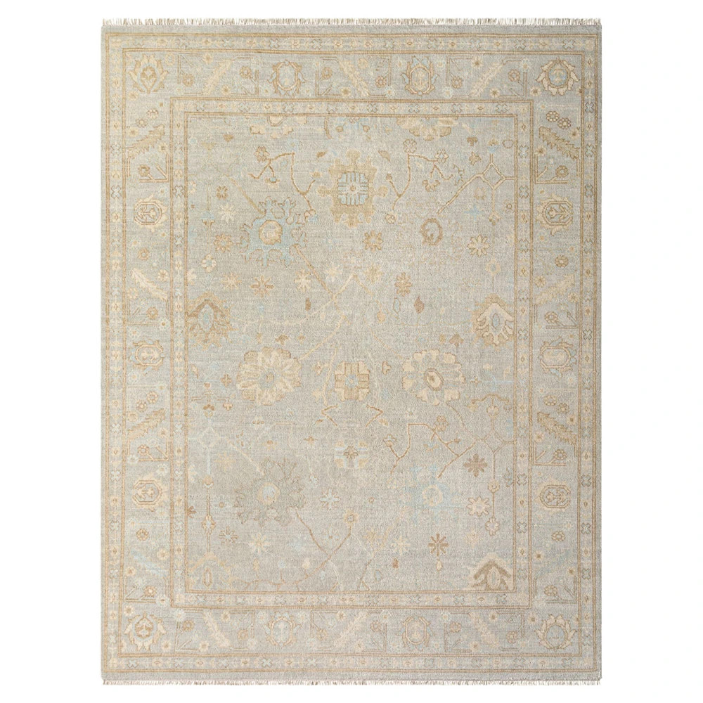 Zorina Updated Traditional Blue Wool Ushak Patterned Rug - 6'x9' | Kathy Kuo Home