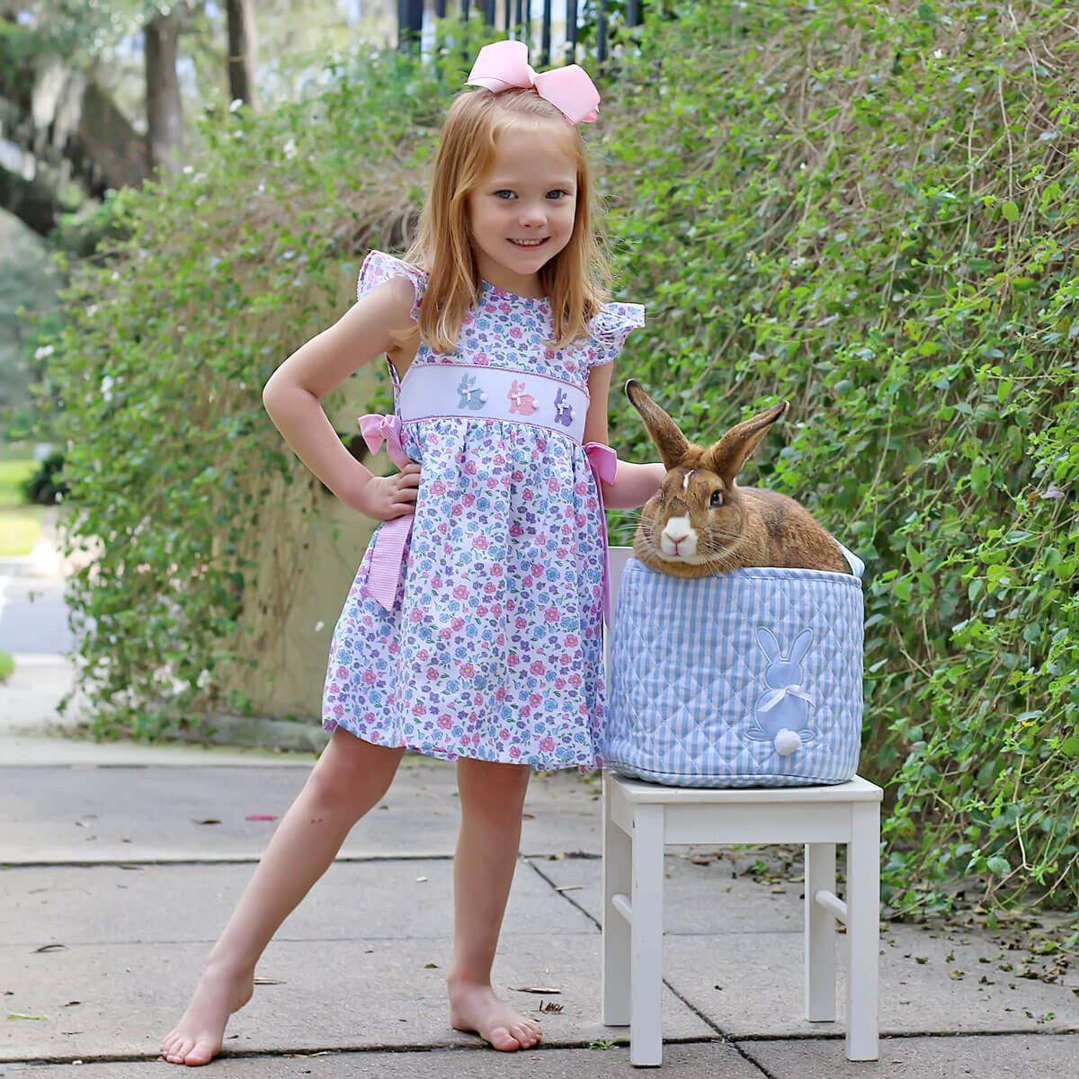 Springtime Floral Bunny Smocked Side Tie Dress | Classic Whimsy