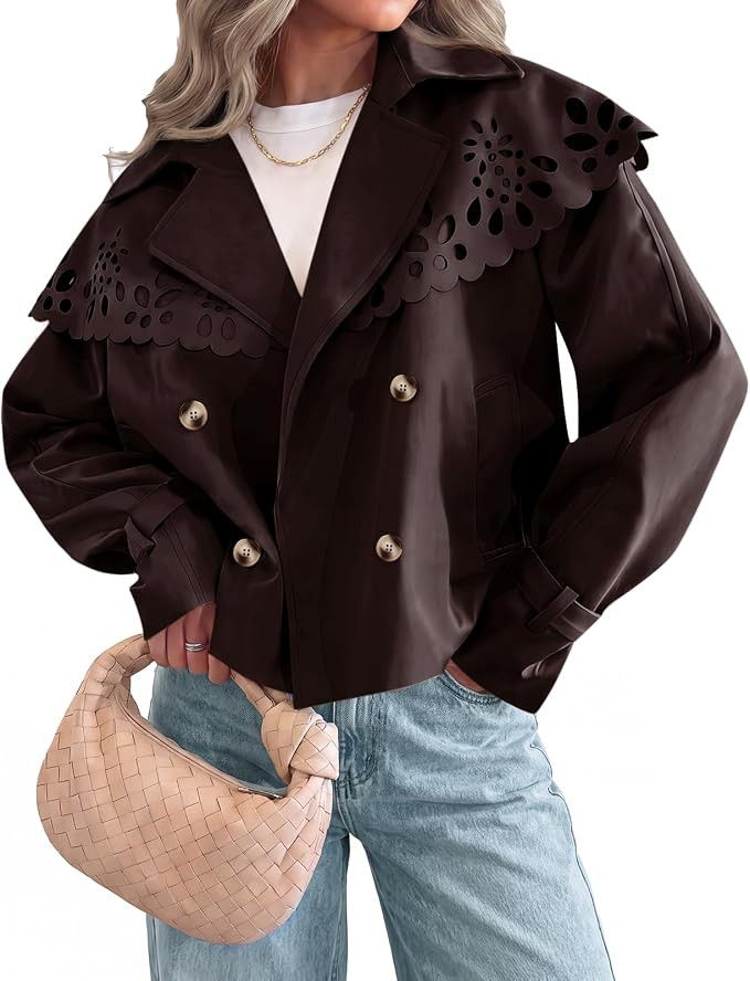 Tankaneo Women Cropped Trench Coat Cape Hollow Shoulder Jackets | Jacket with pockets, Floral Hol... | Amazon (US)
