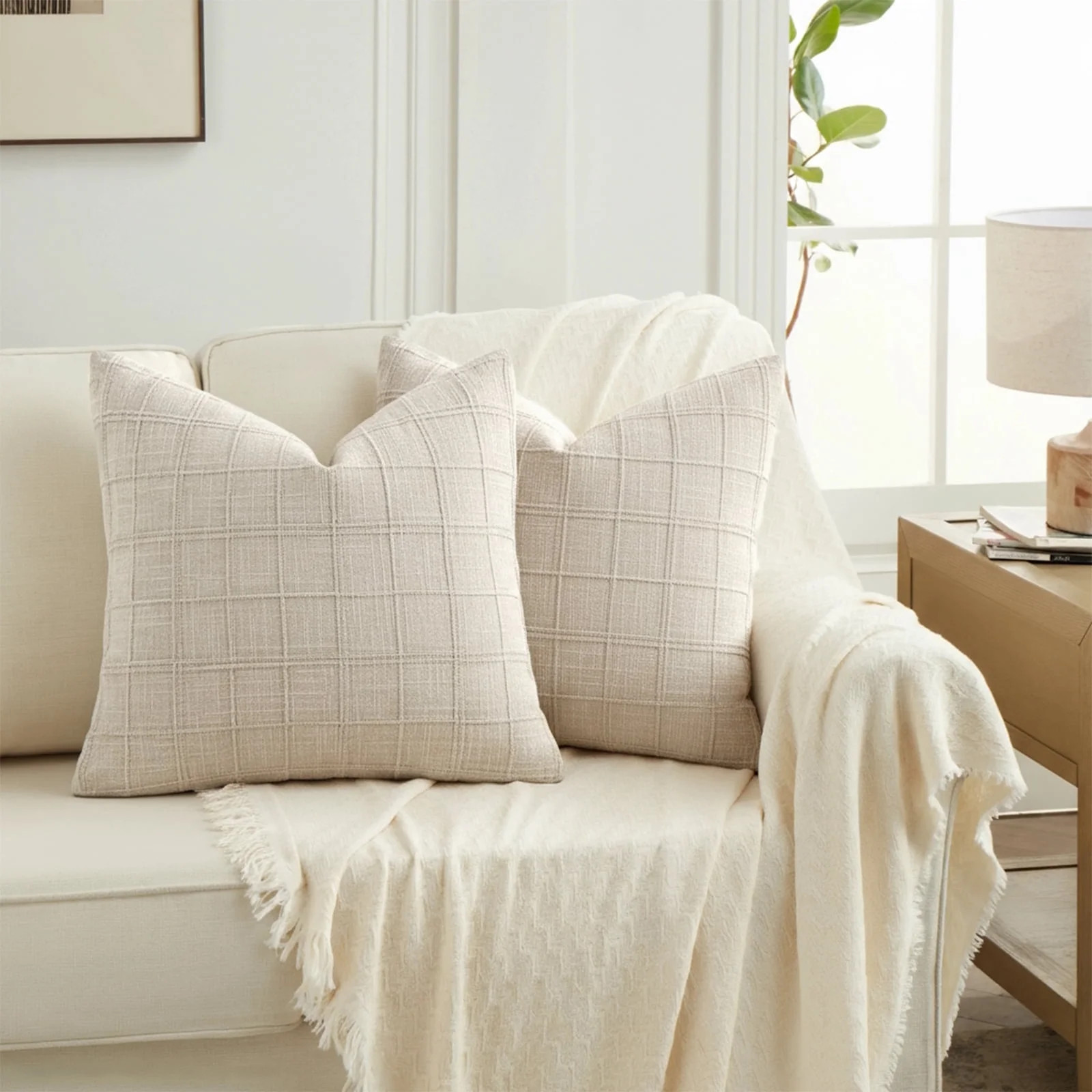 Fancy Homi 2 Packs Cream Boho Linen Check Decorative Throw Pillow Covers 18×18 Inch for Sofa Chair Couch Bedroom Living Room, Neutral Beige Farmhouse Vintage Cushion Cases Modern Home Decor, 45 cm - Walmart.com | Walmart (US)