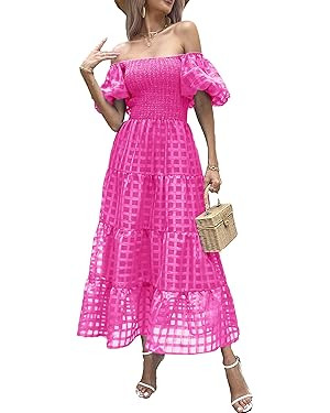 PRETTYGARDEN Women's Casual Summer Midi Dress Puffy Short Sleeve Square Neck Smocked Tiered Ruffl... | Amazon (US)