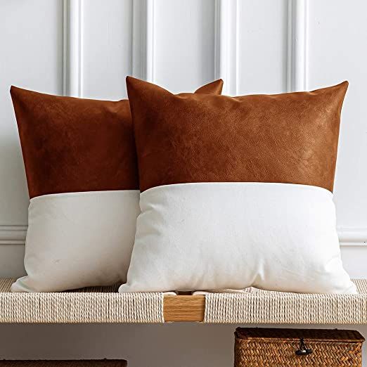 DEZENE Leather Throw Pillow Covers, Set of 2 Modern Leather/Cotton Decorative Pillowcases for Hom... | Amazon (US)