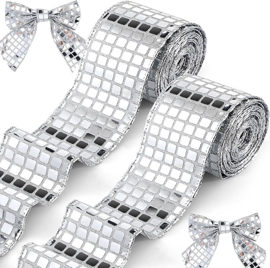 2 Roll 12 Yards Disco Christmas Silver Ribbons 2.5 Inch Silver Glitter Ribbon for Christmas Tree ... | Amazon (US)