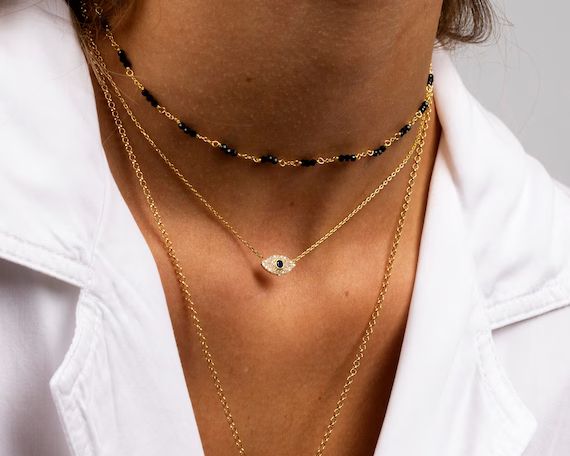 Evil eye necklace, Eye sapphire necklace, Eye charm necklace, Dainty necklace, Minimalist necklac... | Etsy (US)