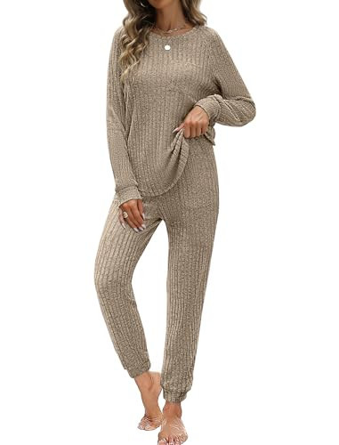 JUSTFASHIONNOW Travel Outfits for Women Loungewear Set Long Sleeve Top and Long Pants Sweat suits Sleepwear Pajama Set Two Piece Outfits Set Knit Lounge Set Grey Brown L | Amazon (US)