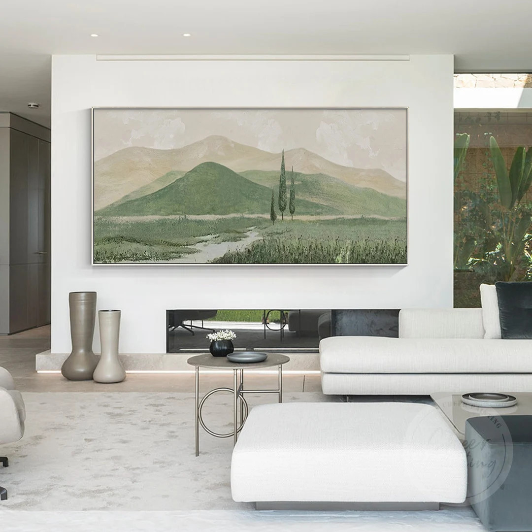 Sage Green Mountain Landscape Painting: Long Horizontal Abstract Framed Wall Art - Etsy | Etsy (US)