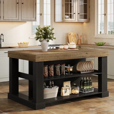 Kitchen Island with Storage Shelves, 55 Inch Kitchen Shelf with Large Worktop, Stable Structure, Farmhouse Style | Wayfair North America