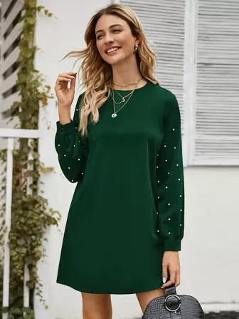 SHEIN LUNE Pearls Beaded Keyhole Buttoned Back Dress | SHEIN