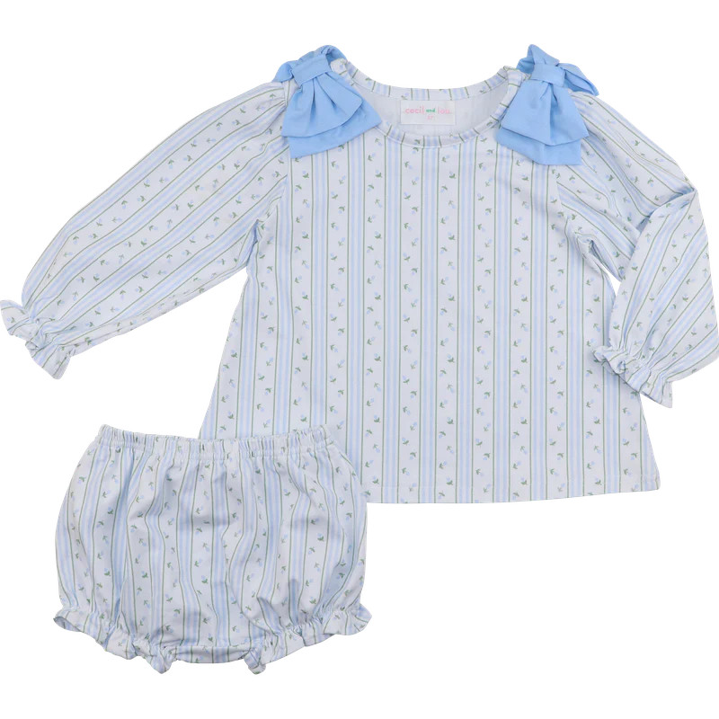 Blue Rosebud Stripe Knit Bow Diaper Set | Cecil and Lou