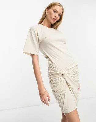 ASOS DESIGN short sleeve mini dress with drape side detail in oat | ASOS (Global)