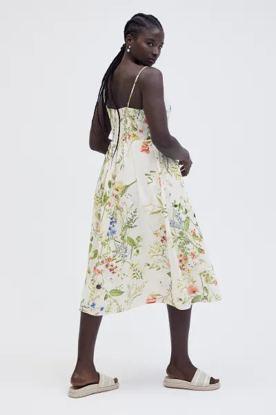 Linen-blend Midi Dress - Cream/floral - Ladies | H&M US | H&M (US + CA)