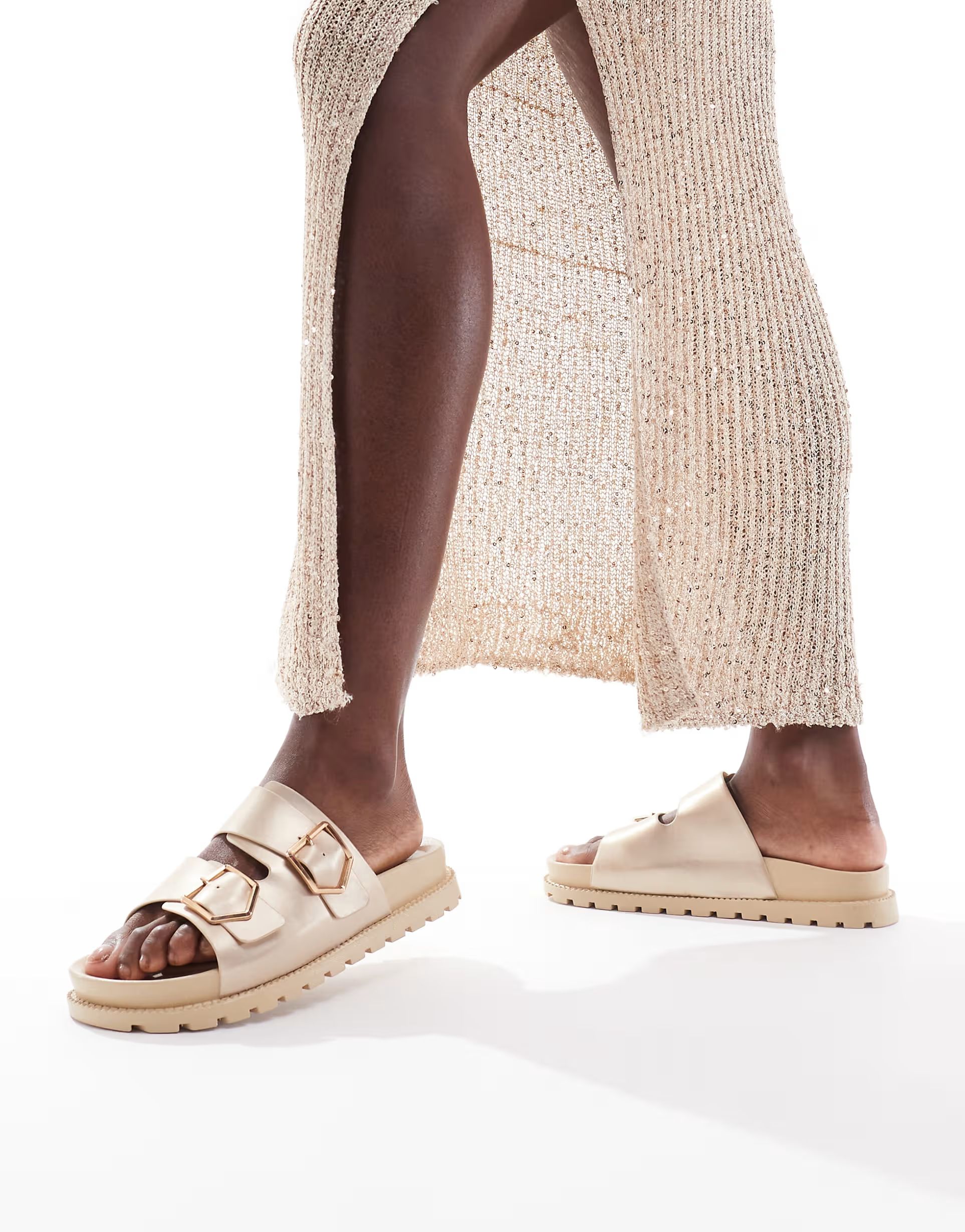 London Rebel double strap footbed sandals in gold | ASOS (Global)