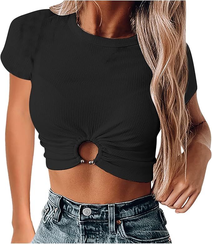 Crop Tops for Women Sexy Fashion Hollow Out Crew Neck T Shirts Summer Slim Fit Solid Color Short ... | Amazon (US)