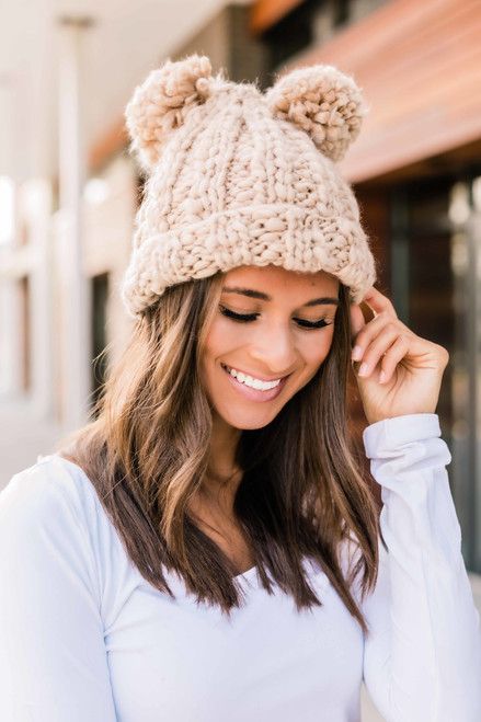 Warms My Heart Beige Double Pom Beanie | The Pink Lily Boutique