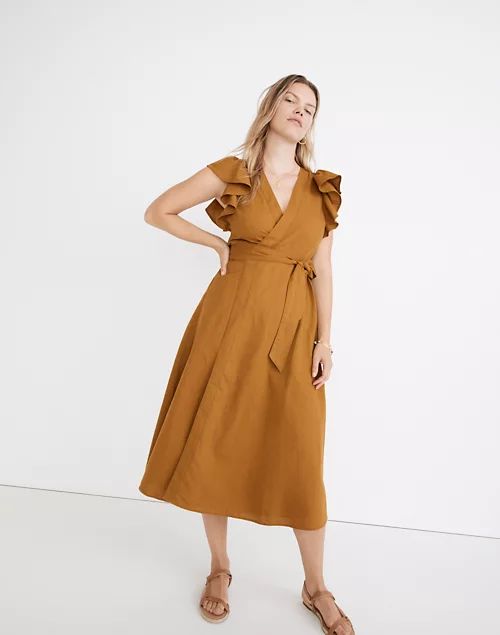 Linen-Blend Ruffle-Sleeve Wrap Midi Dress | Madewell