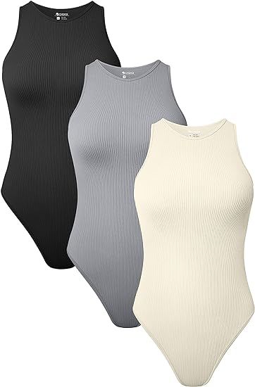 OQQ Women's 3 Piece Bodysuits Sexy Ribbed Sleeveless One Piece Halter Neck Sleeveless Bodysuits | Amazon (US)
