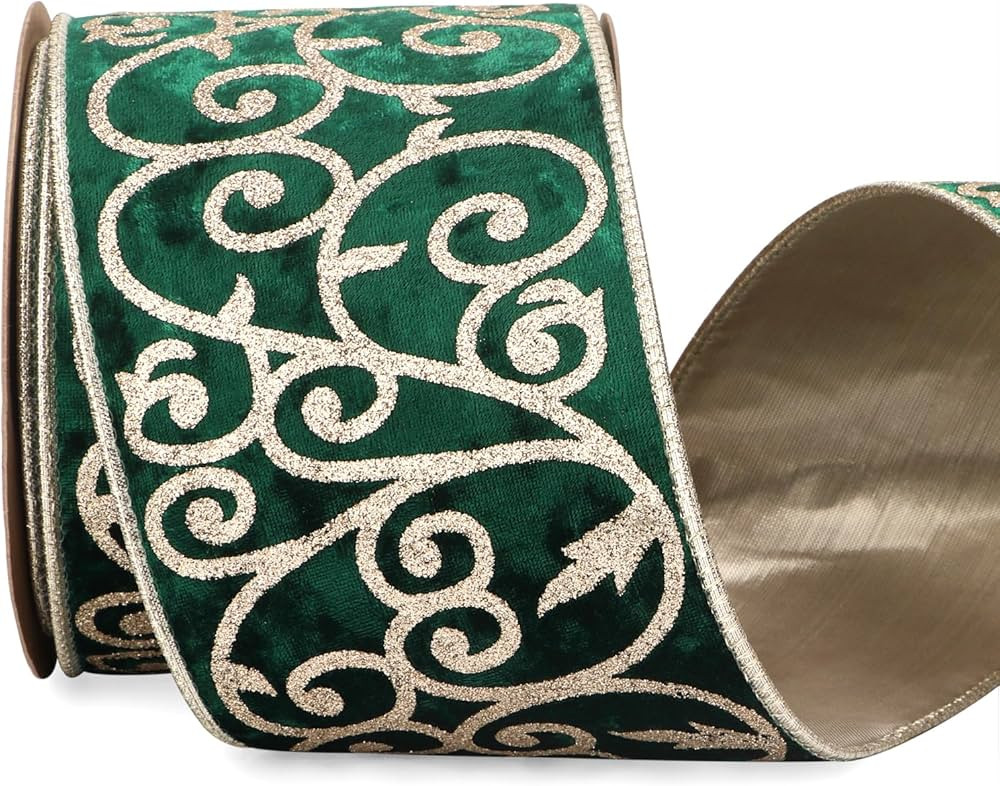Ribbli Forest Green Velvet Ribbon Wired with Glitter Swirl 4 Inch Christmas Ribbon for Christmas ... | Amazon (US)
