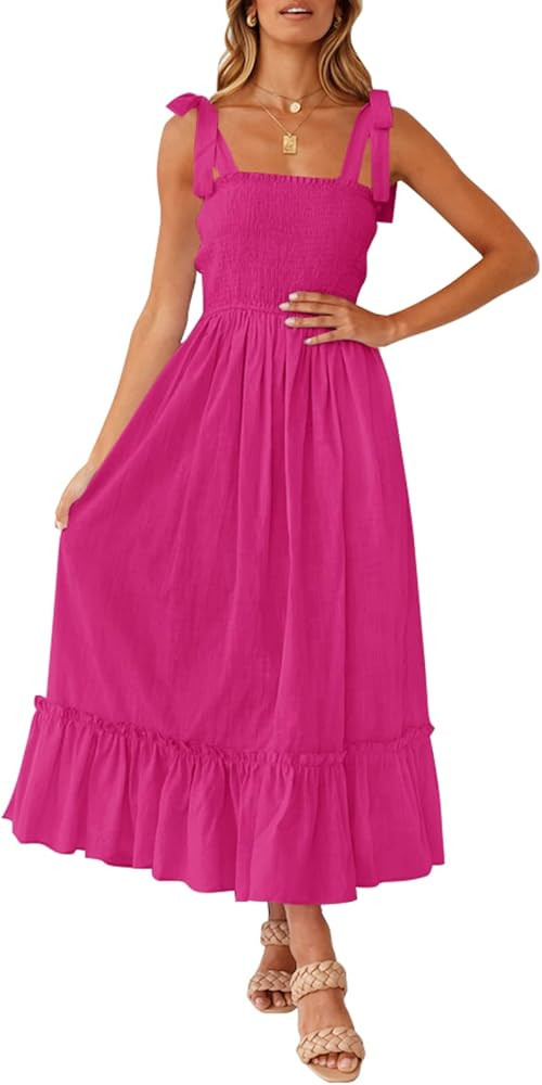 ZESICA Women's 2024 Summer Boho Spaghetti Strap Square Neck Solid Color Ruffle A Line Beach Long ... | Amazon (US)