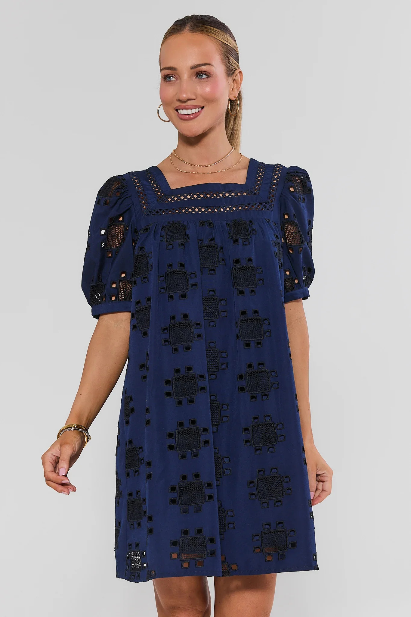 Emma Navy Eyelet Square Neck Short Dress | Avara