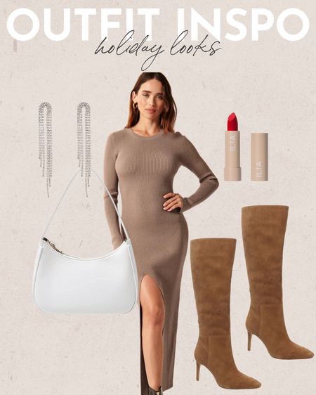 Holiday outfit inspo - boots on MAJOR sale, Abercrombie sweater dress, amazon find shoulder bag and under $10 rhinestone earrings!

#LTKSeasonal #LTKstyletip #LTKHoliday