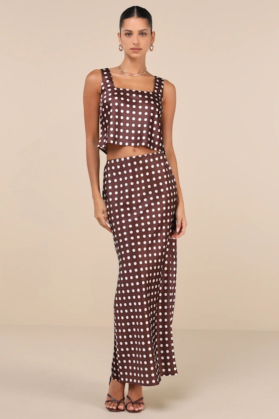 Classically Charismatic Brown Polka Dot Satin Maxi Skirt | Lulus