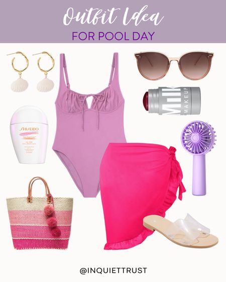 Have a fun and fashionable pool time in this cute purple one-piece swimsuit, pink coverup, and transparent flat sandals! Complete your look with this pink handbag, sunnies, and shell earrings!
#fashionfinds #modestswimwear #summerready #beautypicks

#LTKItBag #LTKStyleTip #LTKSeasonal